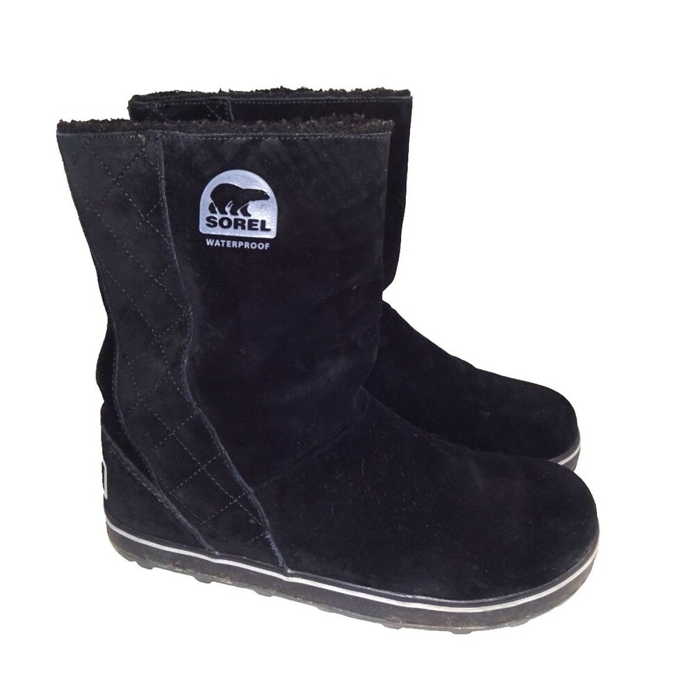 Sorel Glacy Winter Boots Waterproof Pull On Black Suede Women's 9.5